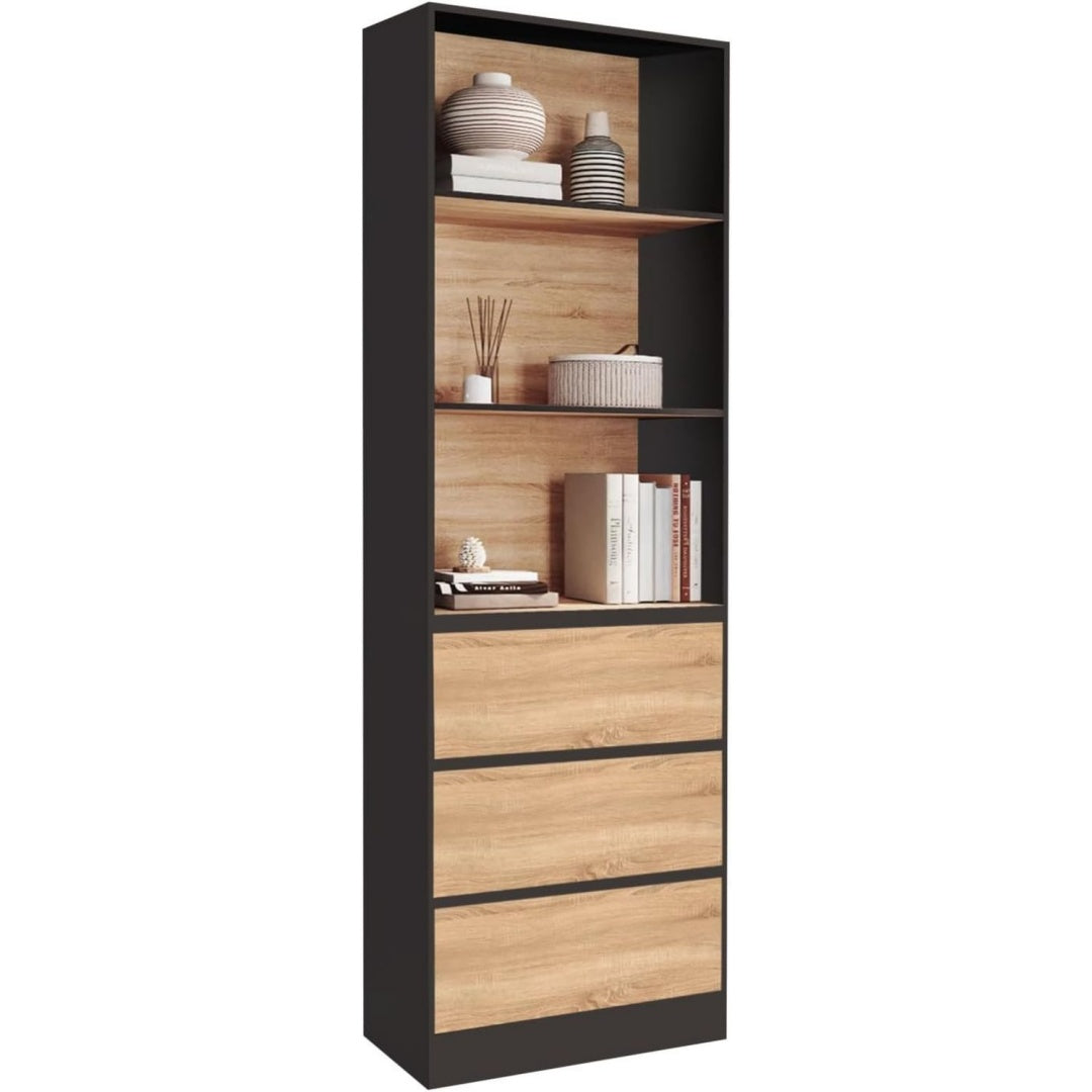 Bibliotheque marron 3 etageres de rangement, bois ingenierie style contemporain