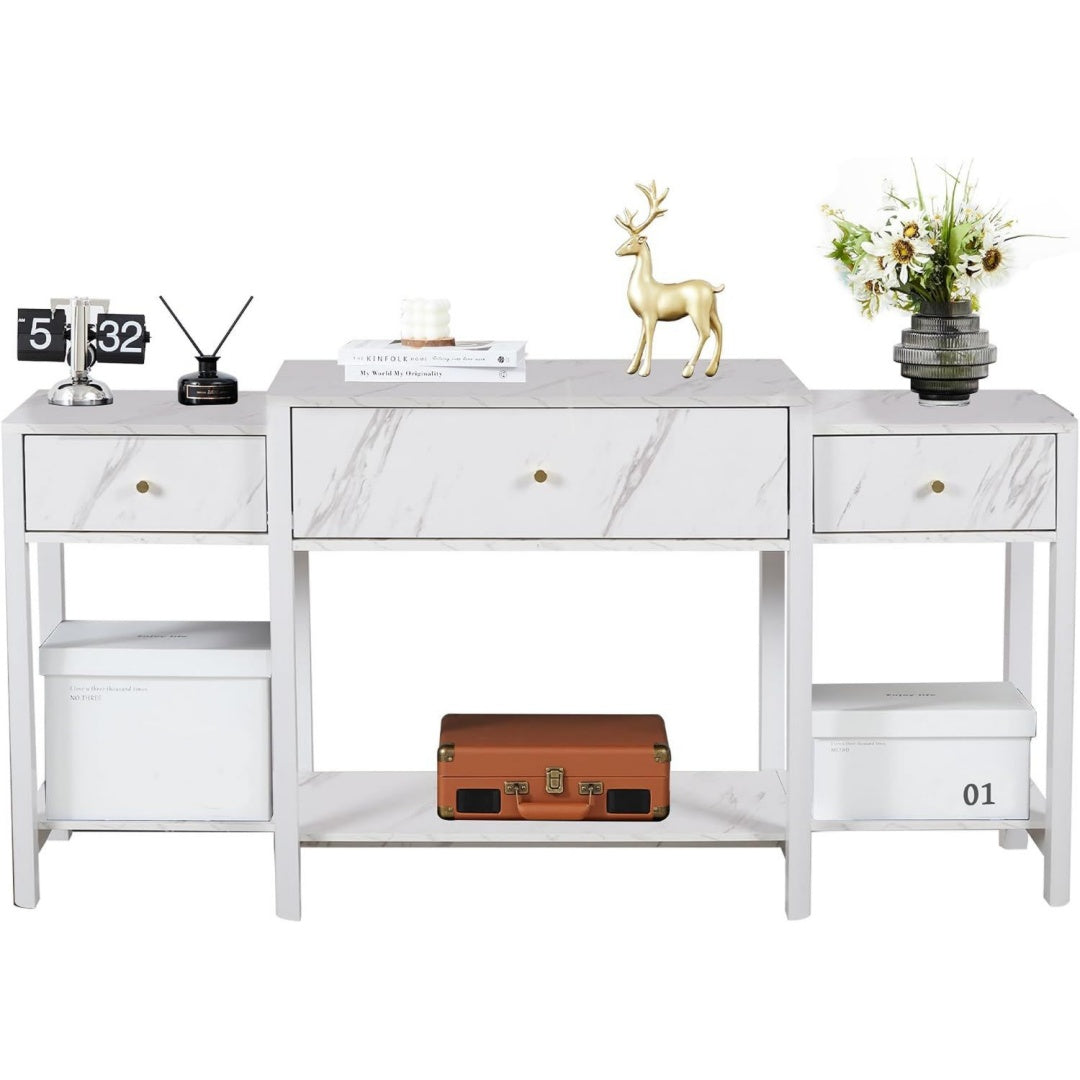 Grand rangement, table dentree gris clair en bois 3 tiroirs