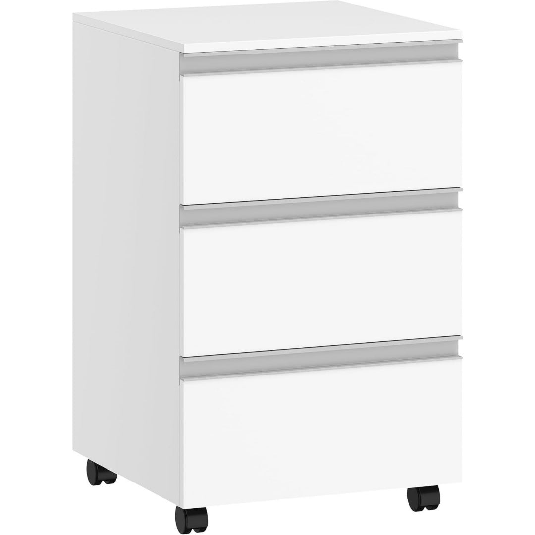 Commode gris clair, trois tiroirs, finition hevea