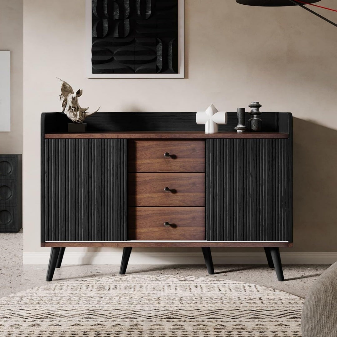 Buffet gris fonce, deux portes, trois tiroirs, finition MDF