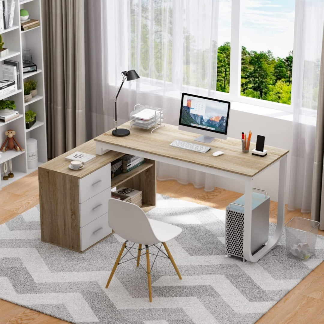 Table de bureau gris en bois, 3 tiroirs