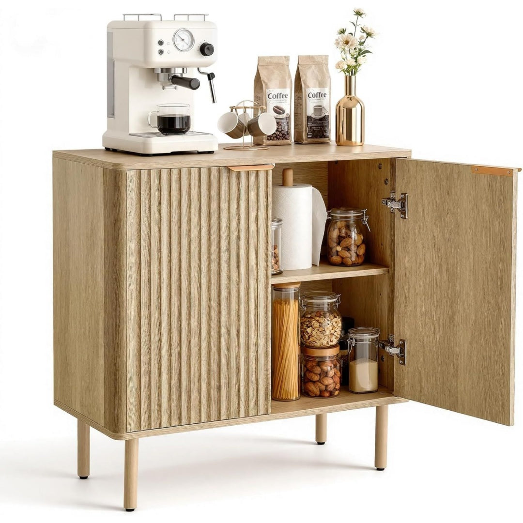 Buffet haut beige 2 etageres reglables, bois ingenierie et design moderne