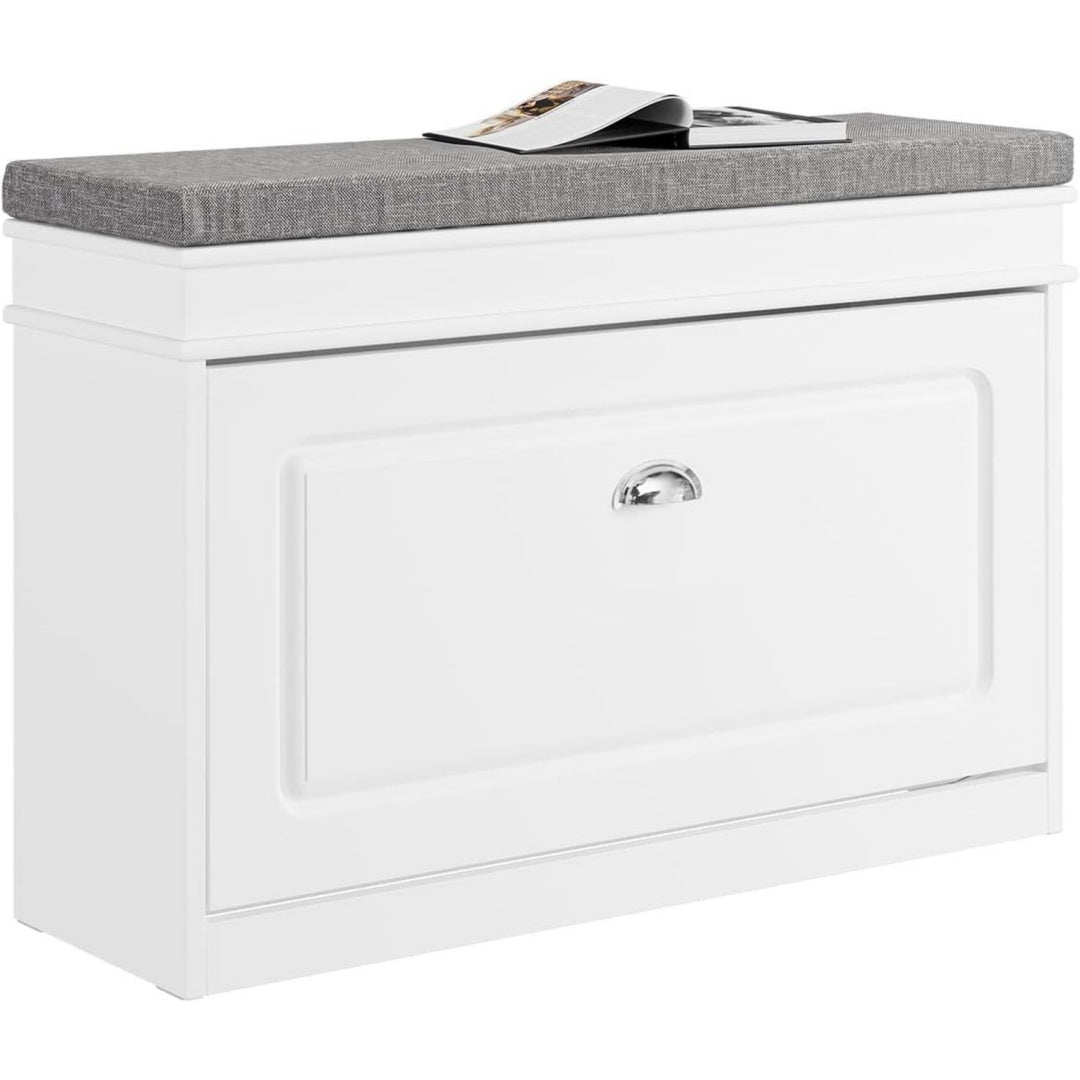 Robuste, banc coffre gris clair en bois plateau relevable