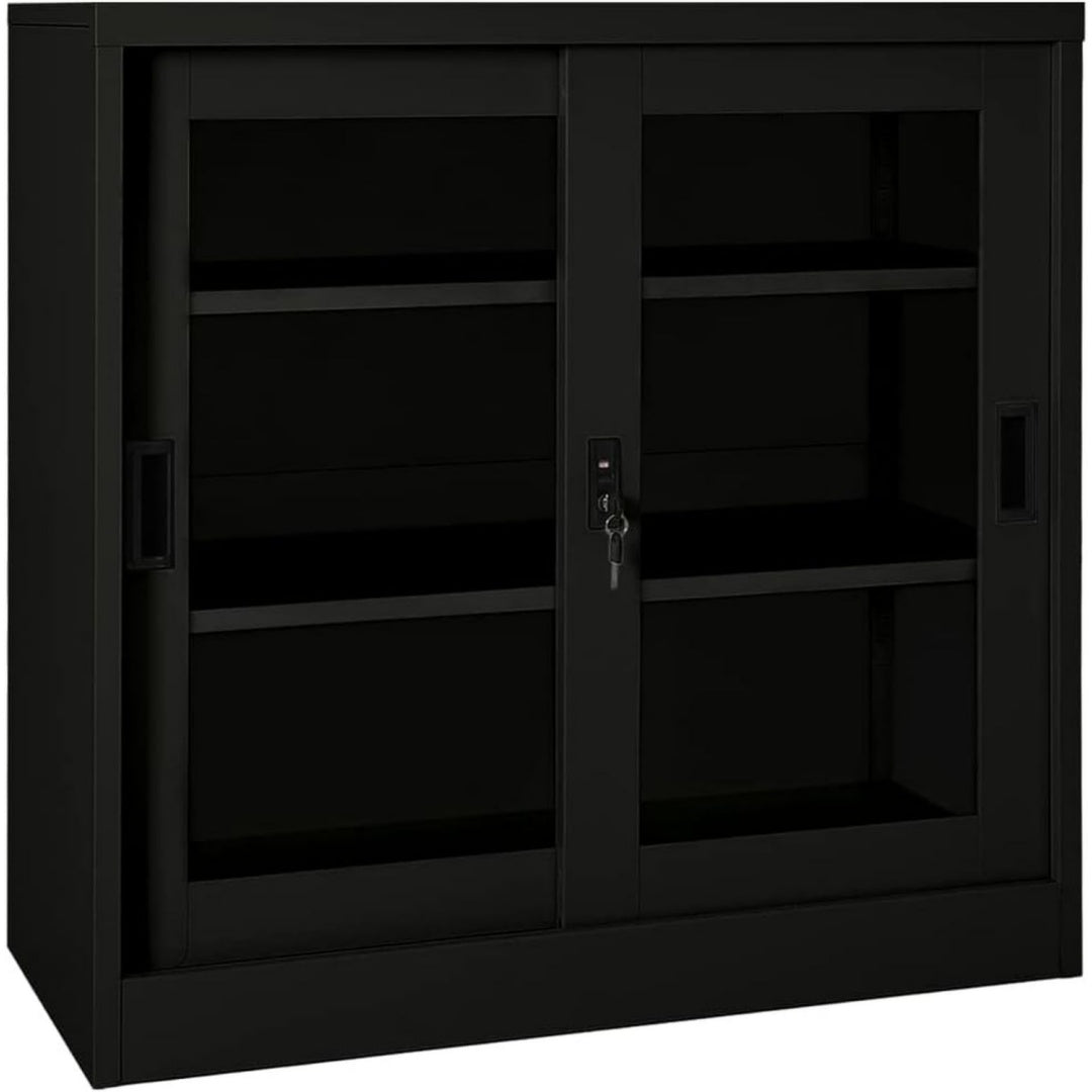 Buffet design epure, teinte noir, rangement optimise verre trempe