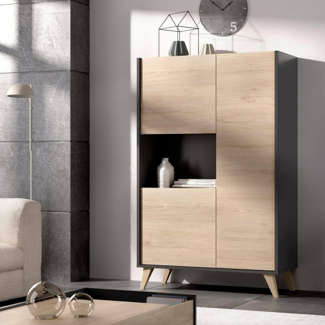 Chaleureux buffet gris fonce en verre avec eclairage LED