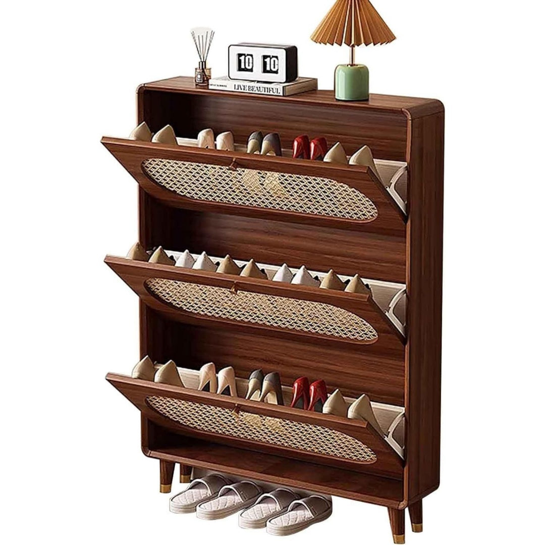 Armoire a chaussures marron moderne en bois massif et rotin